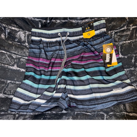 Speedo Mens 5.5" Volley Anthracite Cliff Stripe Swim Trunks, Purple, Size S, NWT - Picture 2 of 4